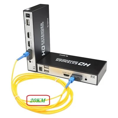 20 KM HDMI optiskās šķiedras KVM paplašinātājs — viena-režīma SC šķiedras raidītāja uztvērējs ar HDMI cilpu